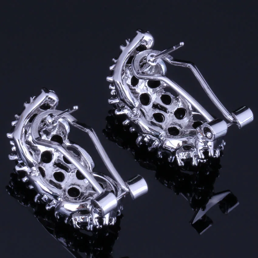 Сверкающие черные серьги-кольца с фианитом и посеребренным покрытием V0880 |