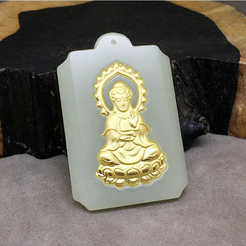 

Изящные украшения Hetian, 24k золото, нефрит, инкрустация, кулоны guanyin, модные подвески для любителей, подарки