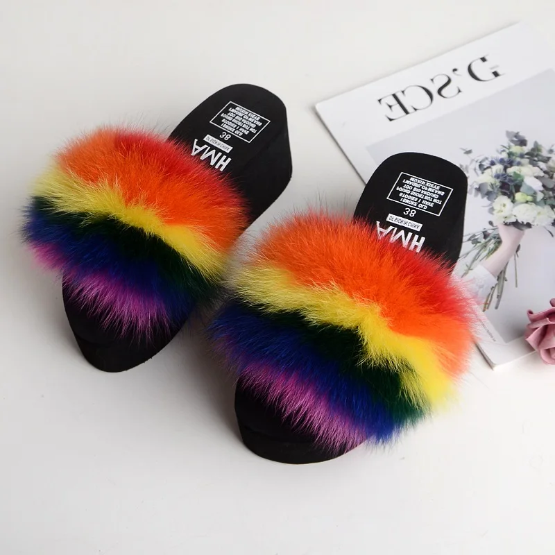 rainbow Женские меховые шлепанцы с мехом лисы; пушистые шлепанцы на платформе; милые женские Вьетнамки с натуральным лисьим мехом; плюшевая обувь - Цвет: rainbow
