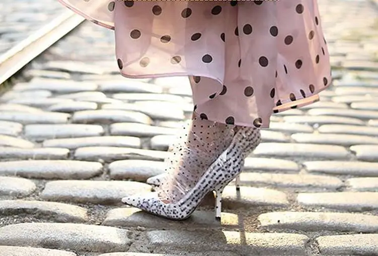 Drop Shipping New Pink Blue Woman Dot Print PVC Mesh Pointed Toe Thin Heels Slip On Sexy Party Pumps High Quality Shoes Lady