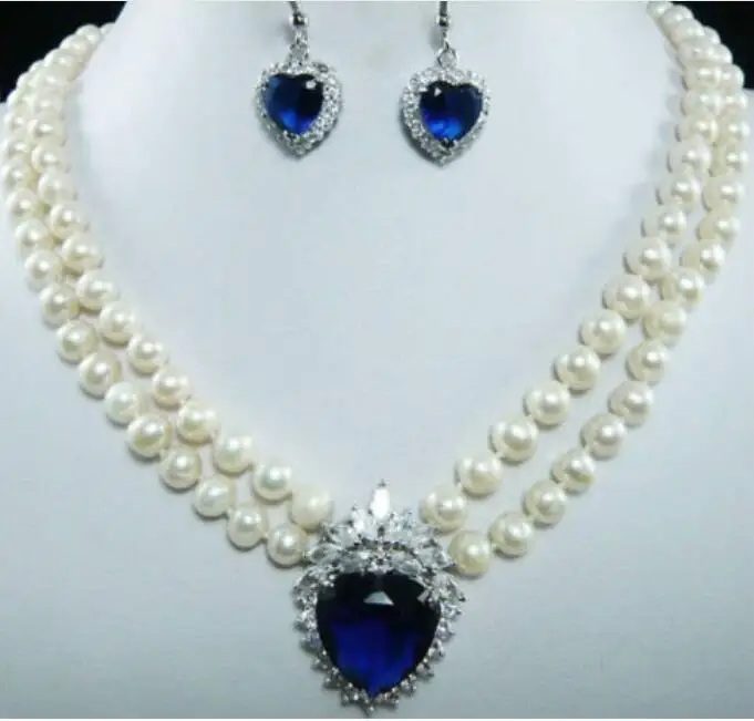 

Brand New High Quality Fashion Picture 6-7mm Natural White Pearl Blue Crystal Pendant Necklace + Earrings Set Jewelry jade cryst