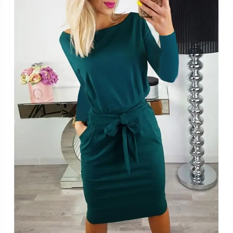 

Autumn O-Neck Long Sleeve Bandage Dresses With Pockets Women Casual Office Ladies Party Plus Size 3XL Dress Vestido WS9439C