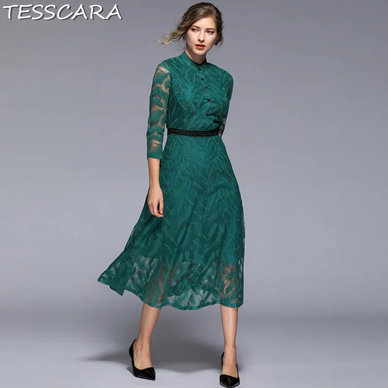 Green TESSCARA, женское Длинное Элегантное кружевное платье, рубашка, женские офисные вечерние платья, Femme, Винтажный дизайн, высокое качество, повседневные зеленые платья - Цвет: Green