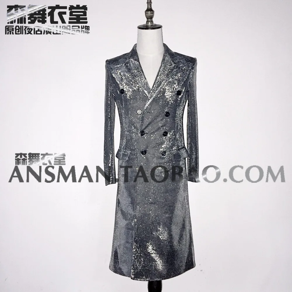 Men's Silver Super Flash Long Double-breasted Suits Coats Costumes Nightclub DJ Male Singers GD Stage Dresses | Мужская одежда