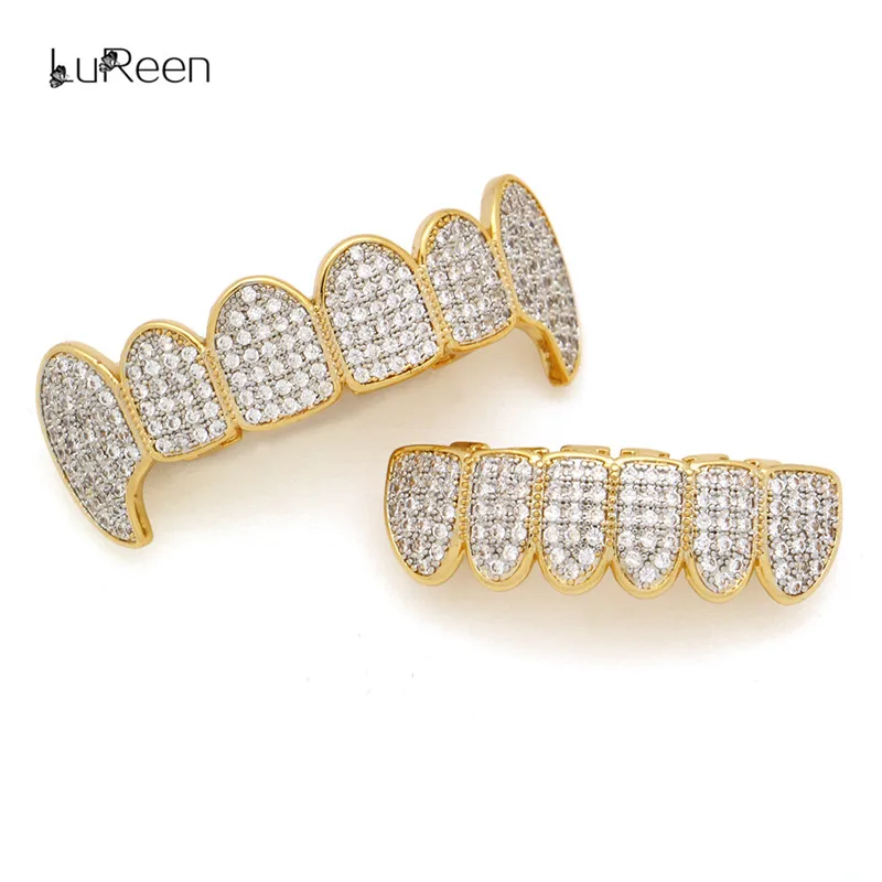LuReen микро Pave кубический циркон золотые зубы гриллстоп и дно Iced Out грили стоматологический вампир Клык грили ювелирные изделия