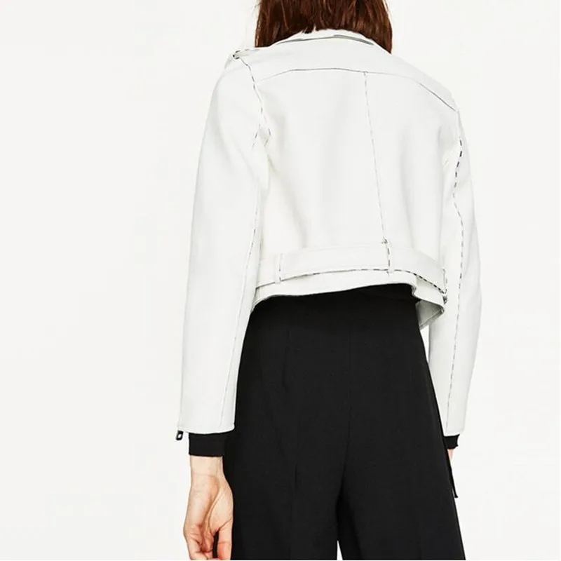 leather jacket Women Slim White Pink European New Fashion Multiple Zippers Belt Leather Coats Ladies PU Biker Woman jackets 2018 | Женская