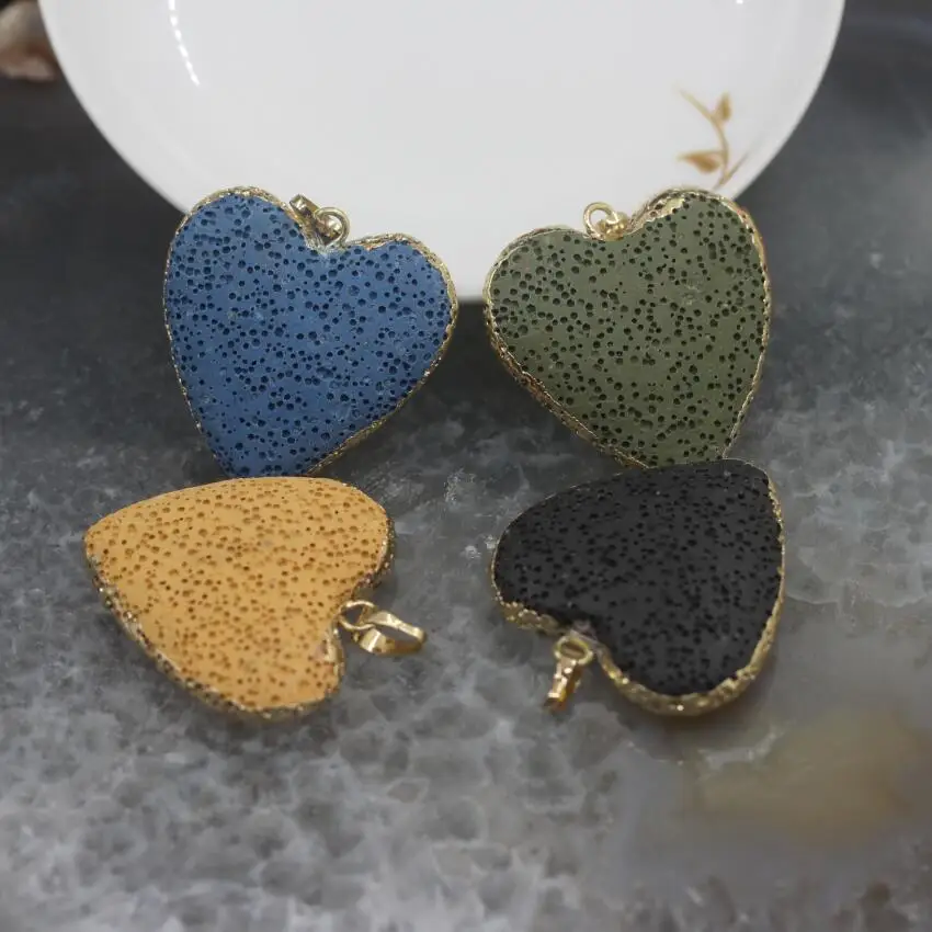 

5PCS/Lot Colorful Natural Lava Rock Heart-shaped Charms 4 Colors,Plating Gold Edged Volcanic Stone Pendants Earrings Necklaces
