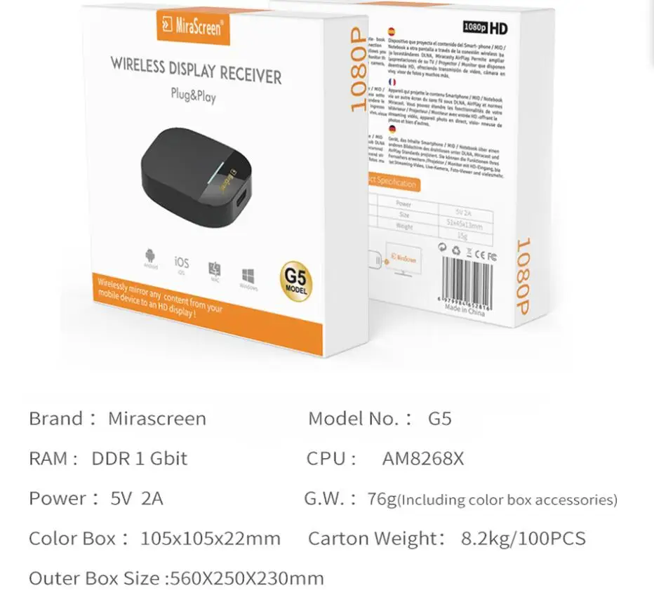Mira экран G5 беспроводной HDMI Android tv stick Miracast Airplay приемник Wifi дисплей ключ зеркальный экран стример anycast DLNA