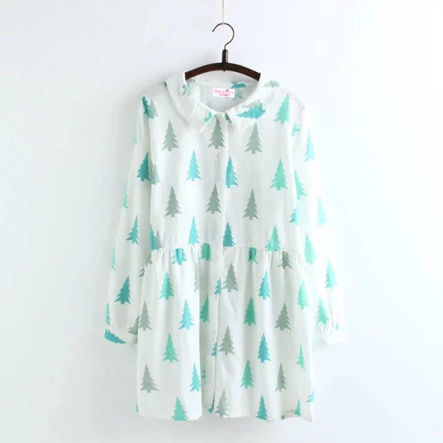 Свободные Мультфильм Дерево Печати женщины Dress Весна Длинные Рукава Хлопок
