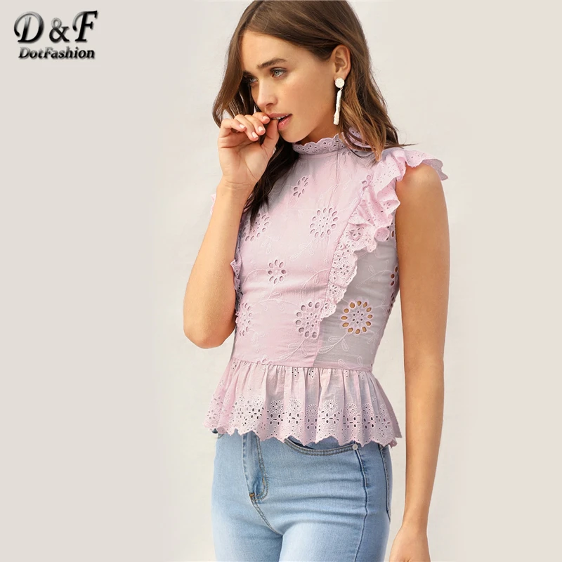 Dotfashion/розовые женские летние топы с рюшами, вышивкой и баской; коллекция года; летняя облегающая блузка без рукавов в Корейском стиле