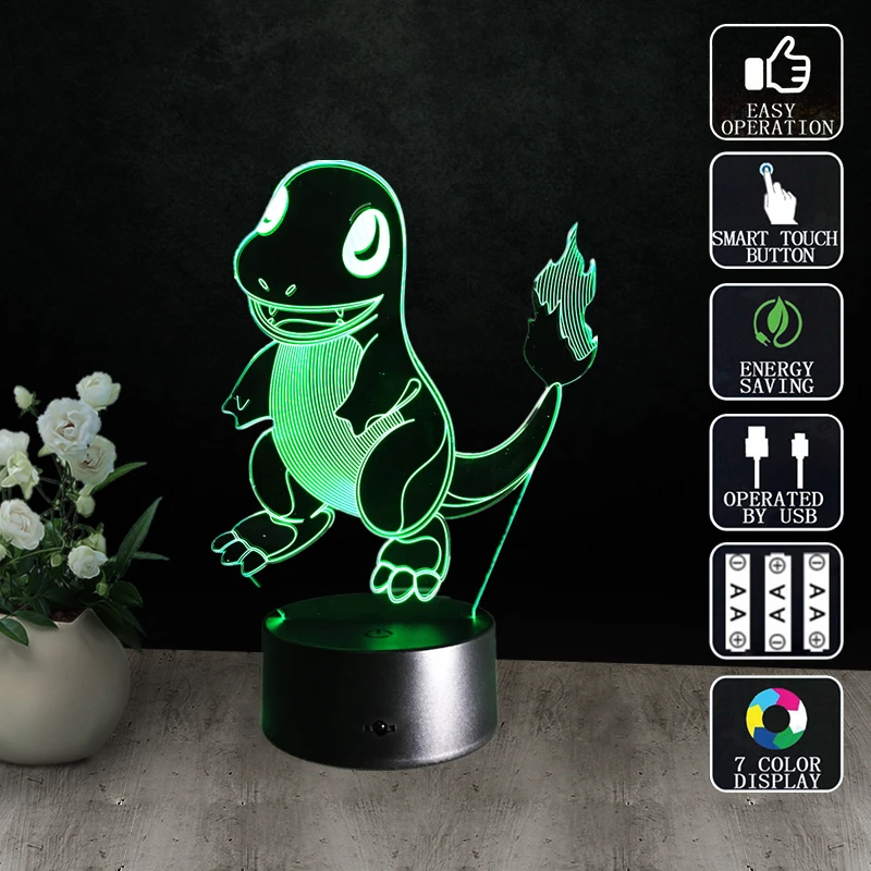 Светодиодные ночные светильники 3d bulbing licht toys Pocket Monster Charmander настольная лампа