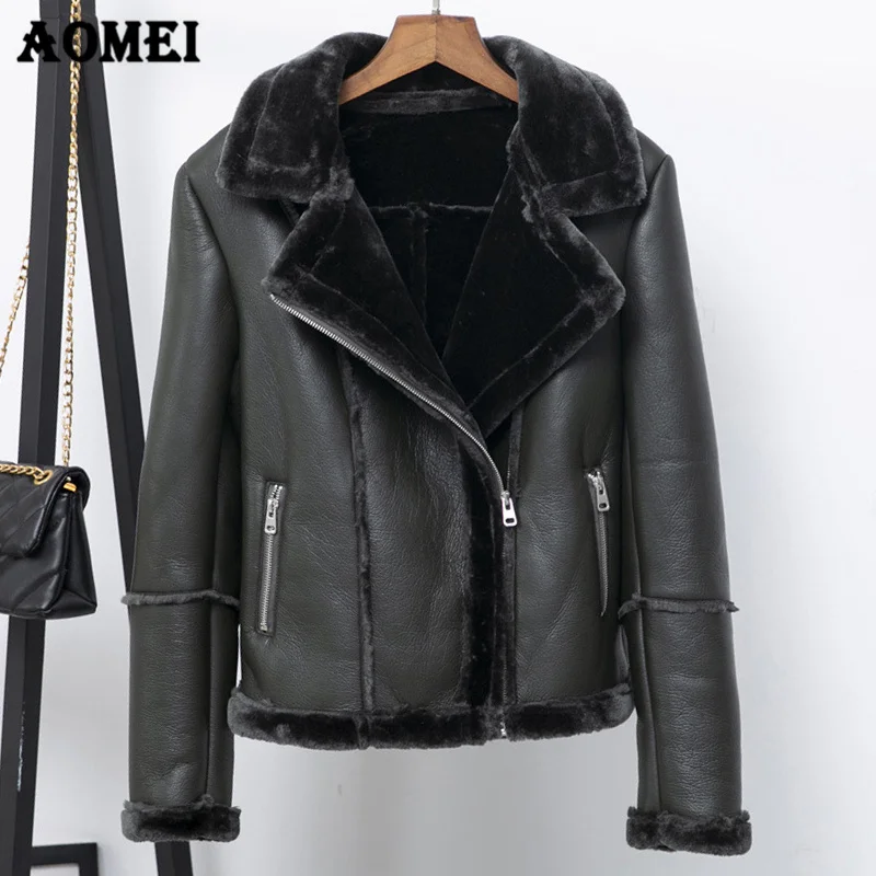 Dark Green Зимние Теплые Куртки из искусственной кожи женские мотоциклетные куртки на молнии с меховым воротником Новые крутые пальто для девочек женские пальто из искусственной кожи тонкая уличная одежда - Цвет: Dark Green
