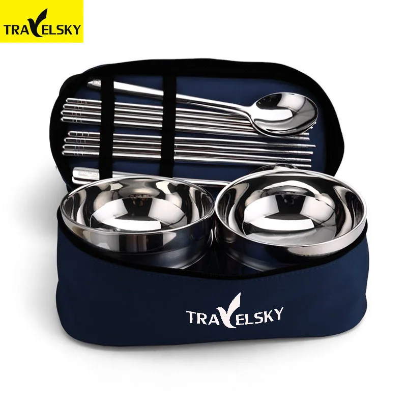 Travelsky 1/2/4 Outdoor Tableware Portable Eco Family Picnic Steel Bowl Spoon Chopsticks Stainless Camping Tablewear Set bags | Спорт и