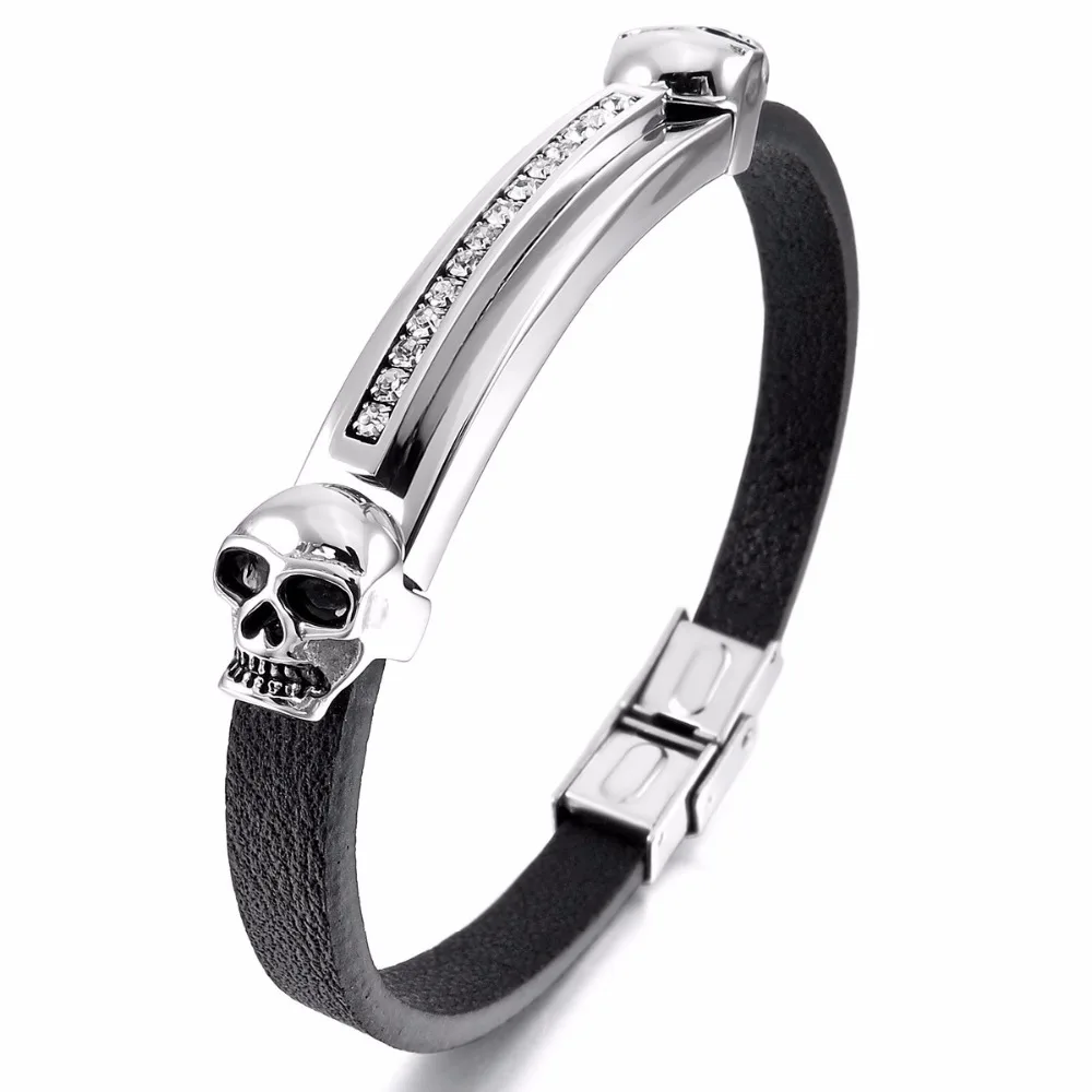 Мужской браслет из натуральной кожи Браслет манжета с черепом фианита