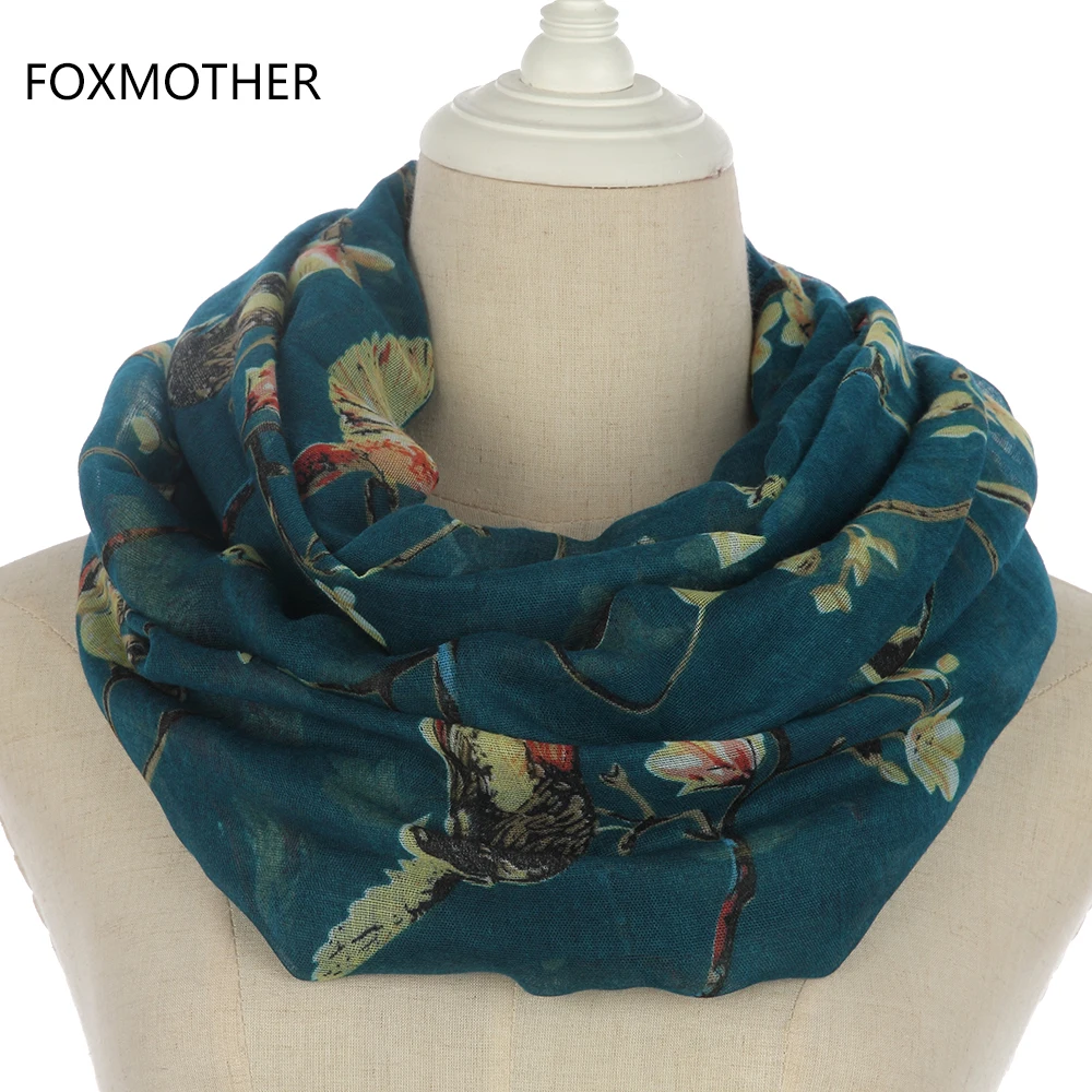 Женские легкие шарфы FOXMOTHER серые зеленые черные с кольцом-петлей и птицами на