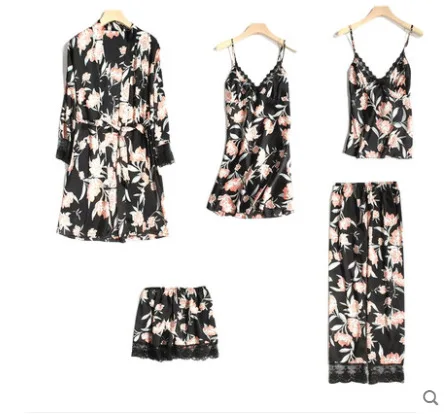 

Ladies Sexy Robe Set 5 Pieces Rayon Print Sleepwear Set Lace Nightwear Set Robe+Nightdress+Slip Top+Pant For Women