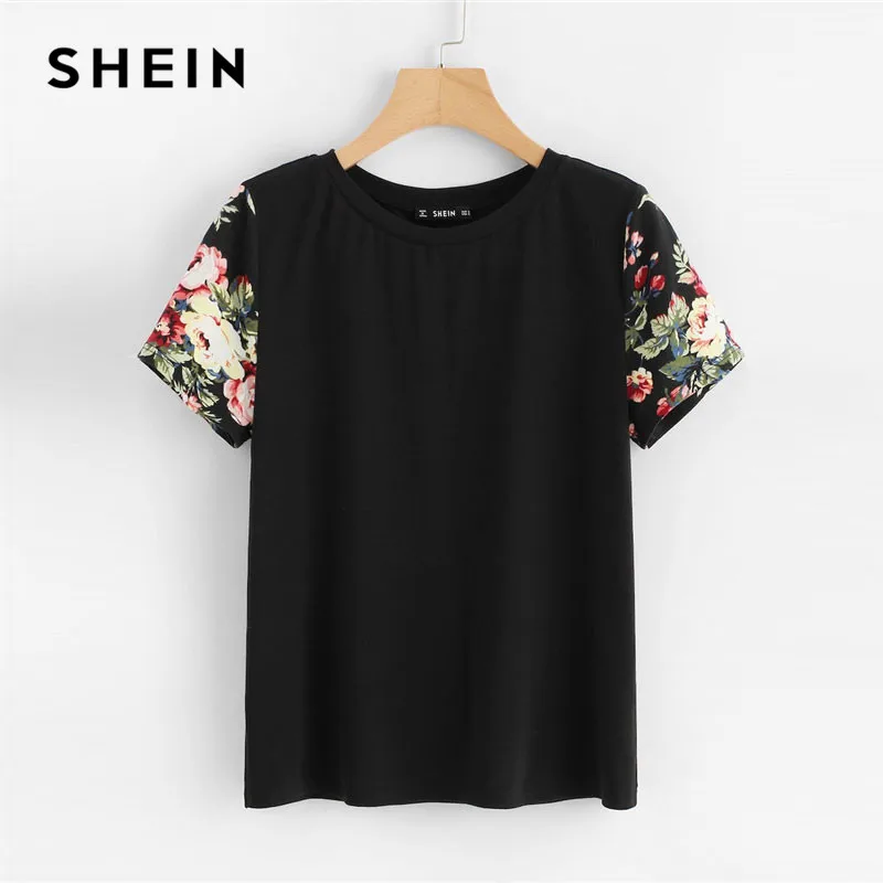 SHEIN Модная Футболка С Цветочным Принтом Цветочные Женские Повседневные Летние Топы С Коротким Рукавом