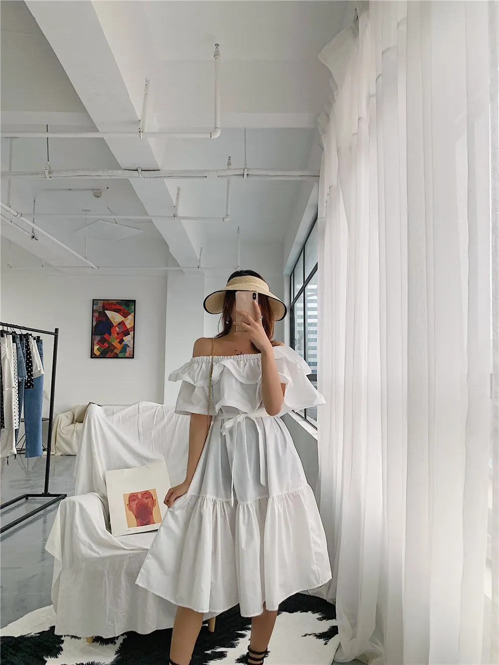 WHITNEY WANG 2019 Летняя мода Уличная Сексуальная Слэш шеи слоистых оборками Мини платье