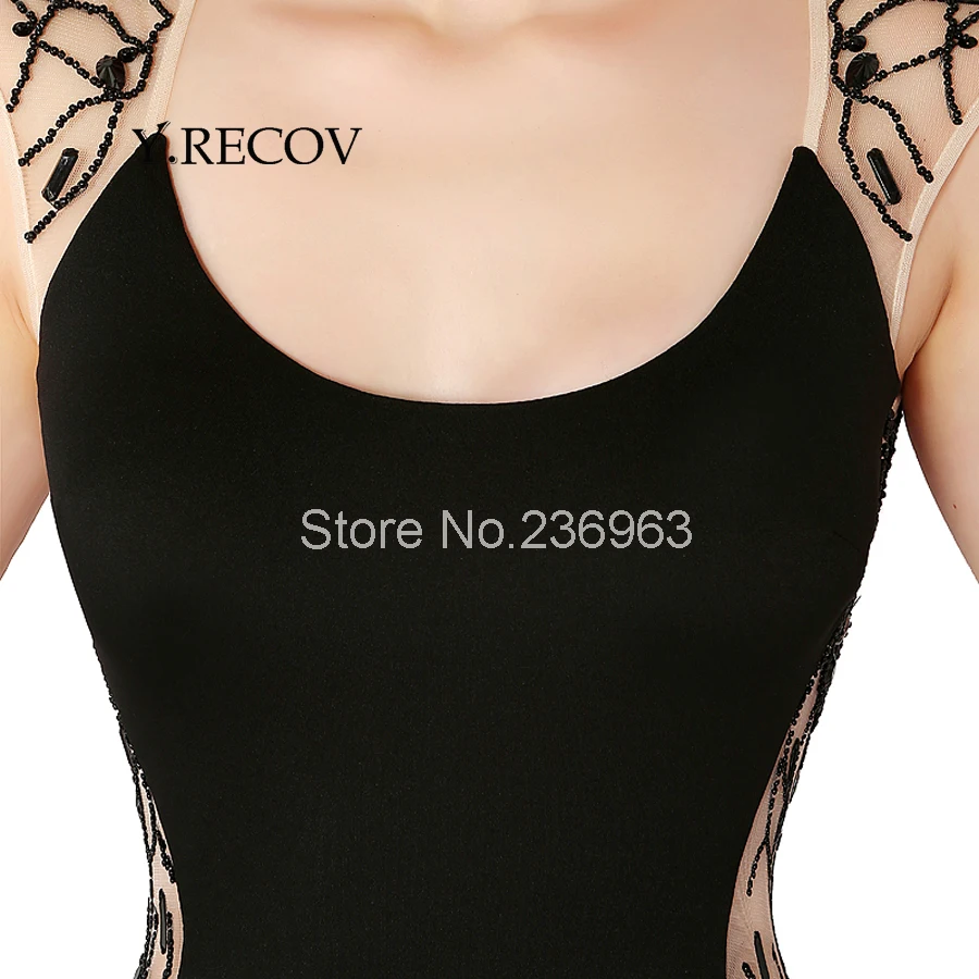 Черный формальный платье yd2404 труба бисероплетение sheer вернуться sexy пром dress black prom
