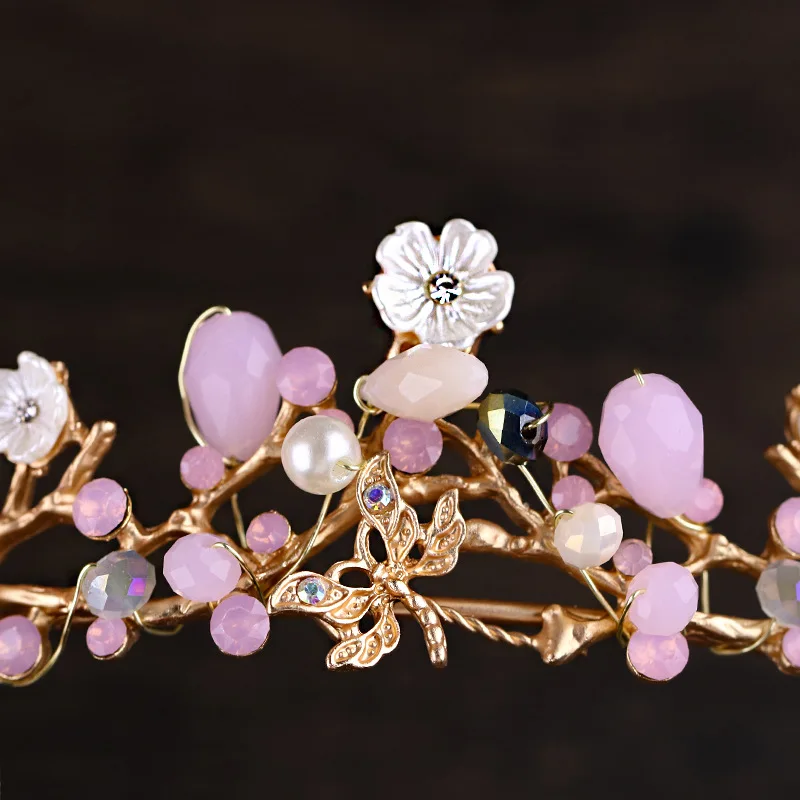 Винтажные розовые бусины Свадебные диадема в виде короны невесты повязка на