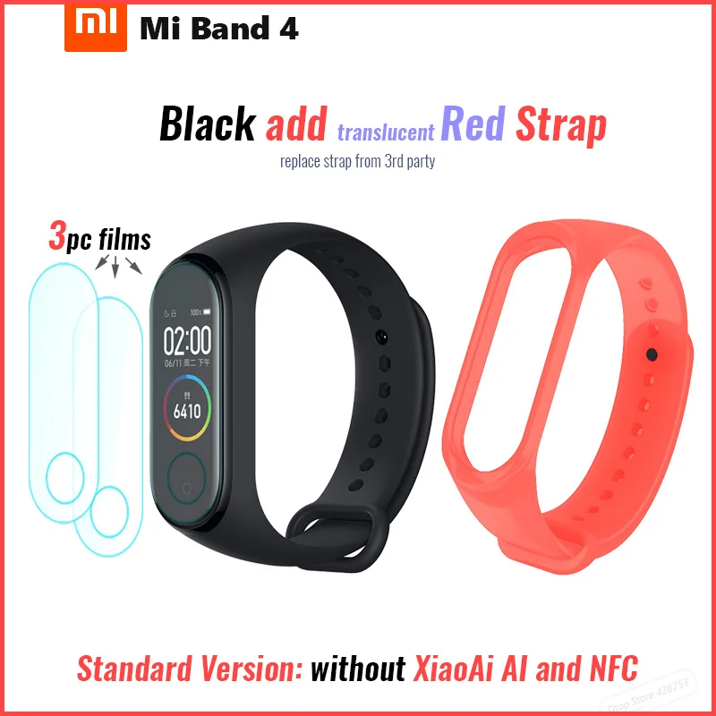 Xiaomi Mi смарт-браслет 4 Bluetooth 5,0 фитнес-браслет AMOLED цветной сенсорный экран Музыка AI пульс - Цвет: add film T red strap
