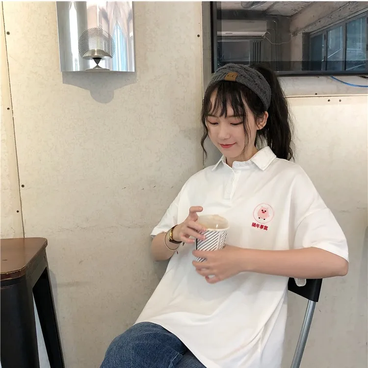 Для женщин PoloShirt Хлопок мультфильм милый свинья вышивка короткий рукав тенниски летние женские свободные Повседневное элегантный дизайн топы YT5027