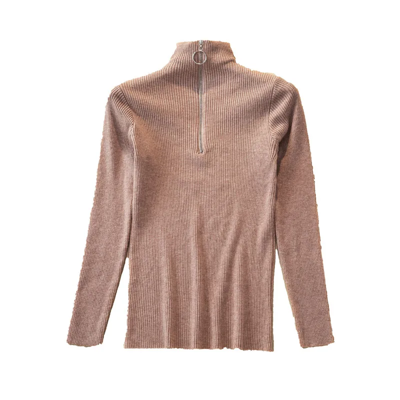 2019 Slim-fit Circle Zipper Turtleneck Sweater Tight-fitting High-elastic Chest-knit Bottoming Women | Женская одежда