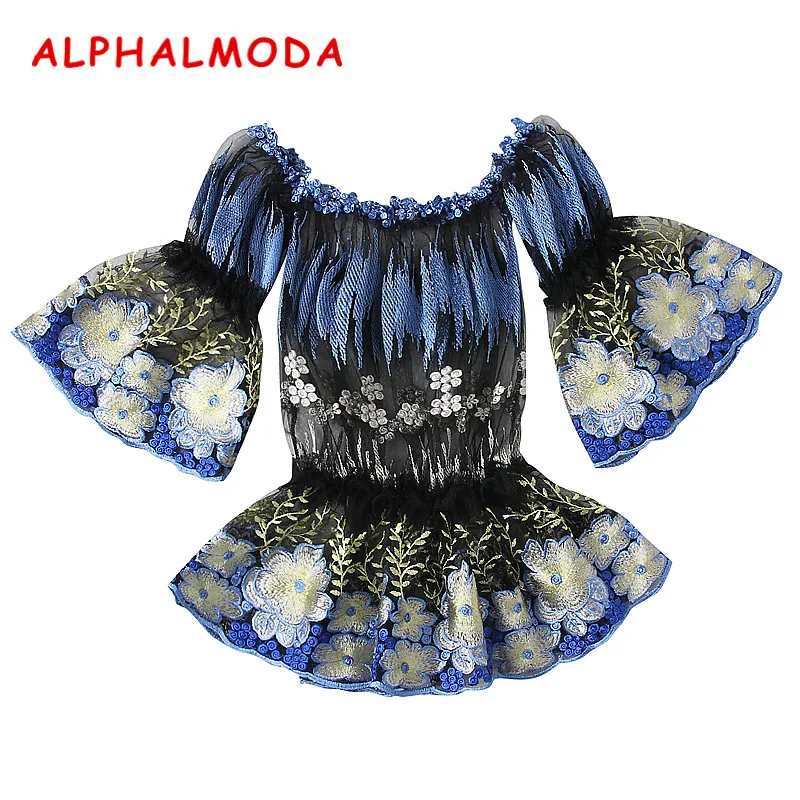 Женская Прозрачная кружевная блузка ALPHALMODA элегантная голубая с цветочным