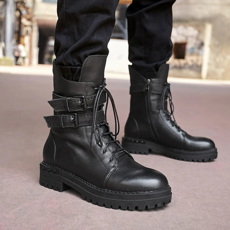 

WETKISS Platform Women Punk Boots Round Toe Cross Tied Footwear Cow Leather Ladies Boot Military Motorcycle Shoes Woman Winter