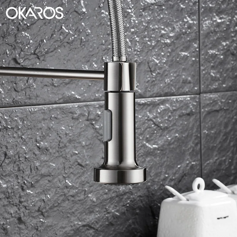 Выдвижной кухонный кран OKAROS латунный никель матовый вращение 360 градусов одна