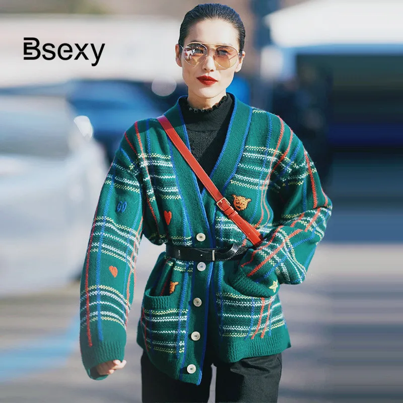 Дизайнерский Зеленый клетчатый женский кардиган для подиума 2019 весна вышивка