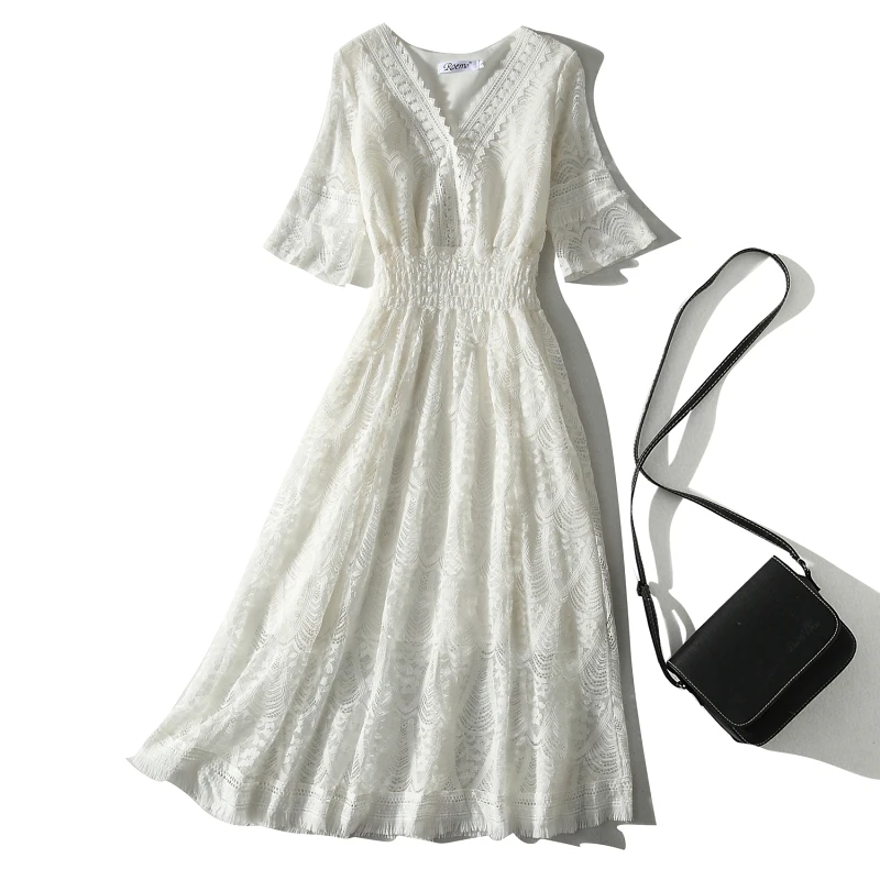 Женское кружевное платье длинное Повседневное А силуэта с треугольным вырезом