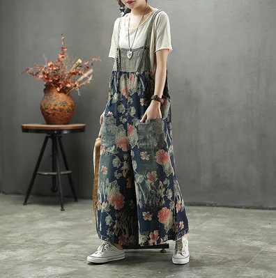 Женский джинсовый комбинезон с цветочным принтом Свободный Повседневный