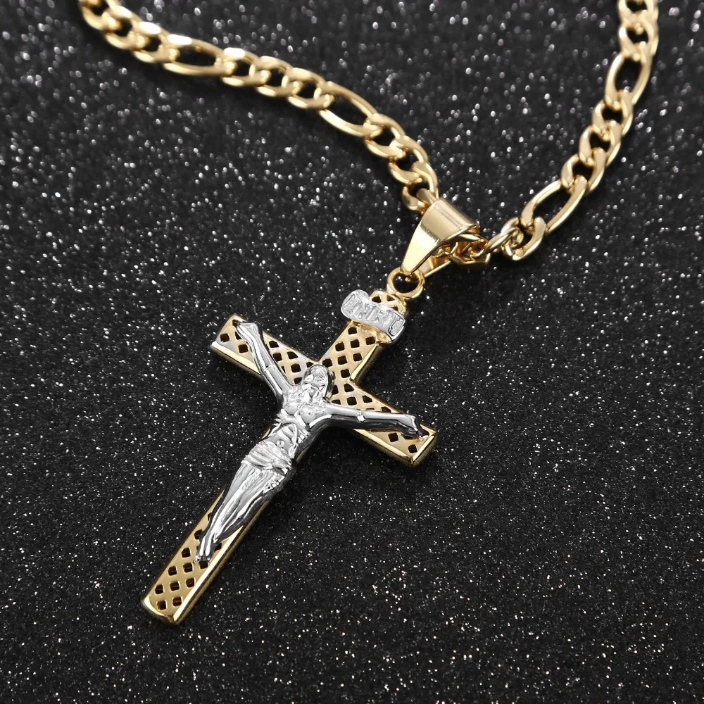 Catholic Jesus Christ on Cross Crucifix Stainless Steel Pendant Necklace 24&quot Curb Chain for Men Women | Украшения и