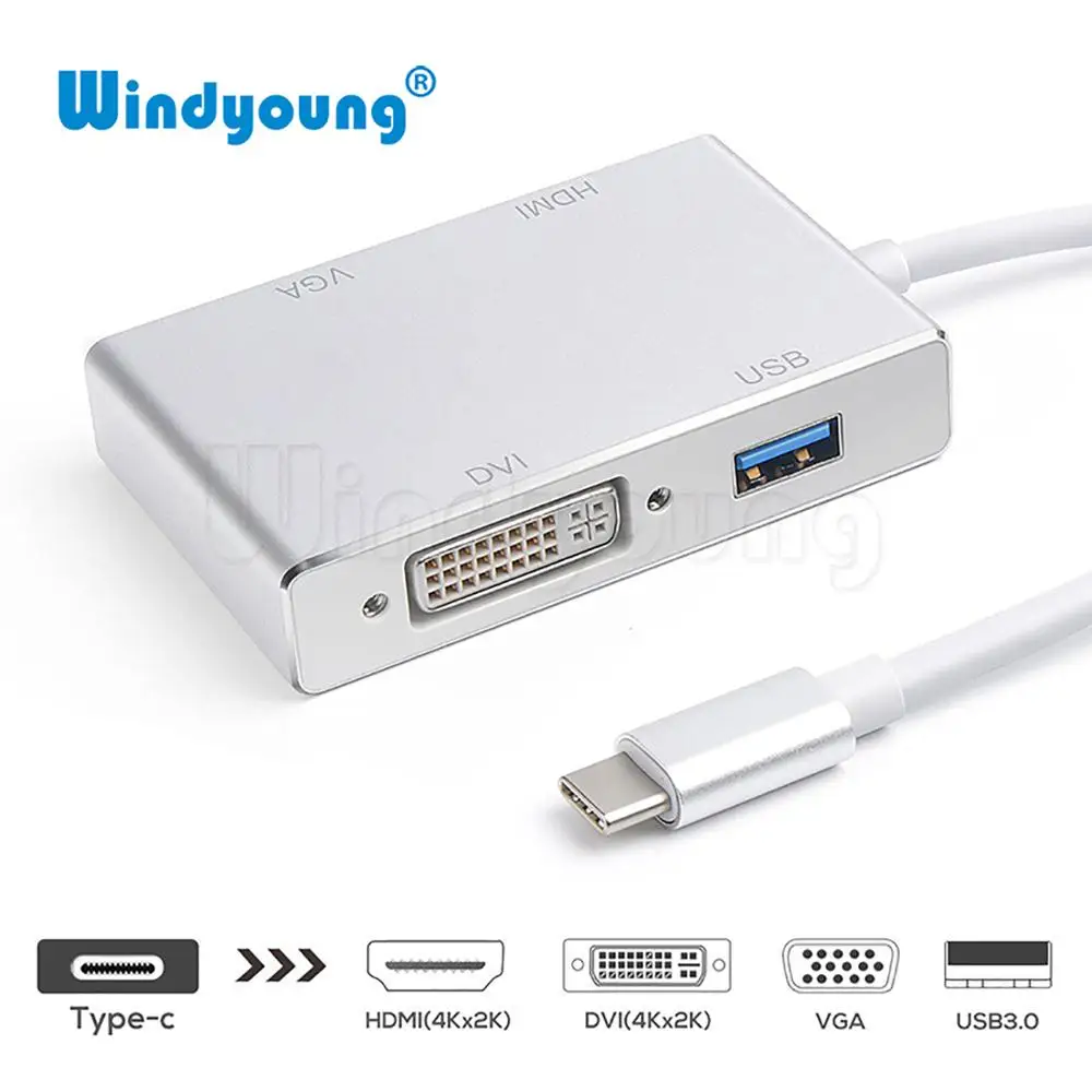 

USB C 3.1 Hub Type C to HDMI VGA DVI USB 3.0 Adapter 4 in 1 USB Type C Converter for Google Chromebook Pixel Laptop Macbook Pro
