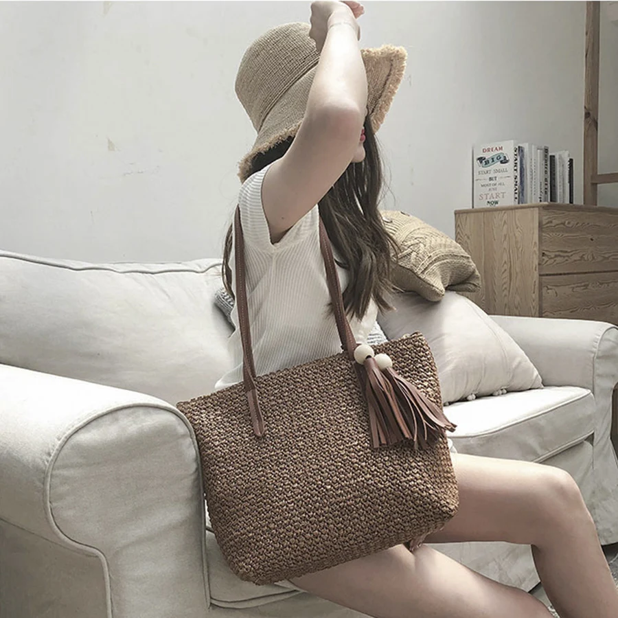 Женская Пляжная Сумка Bolso Mujer большая соломенная сумка на плечо с кисточками