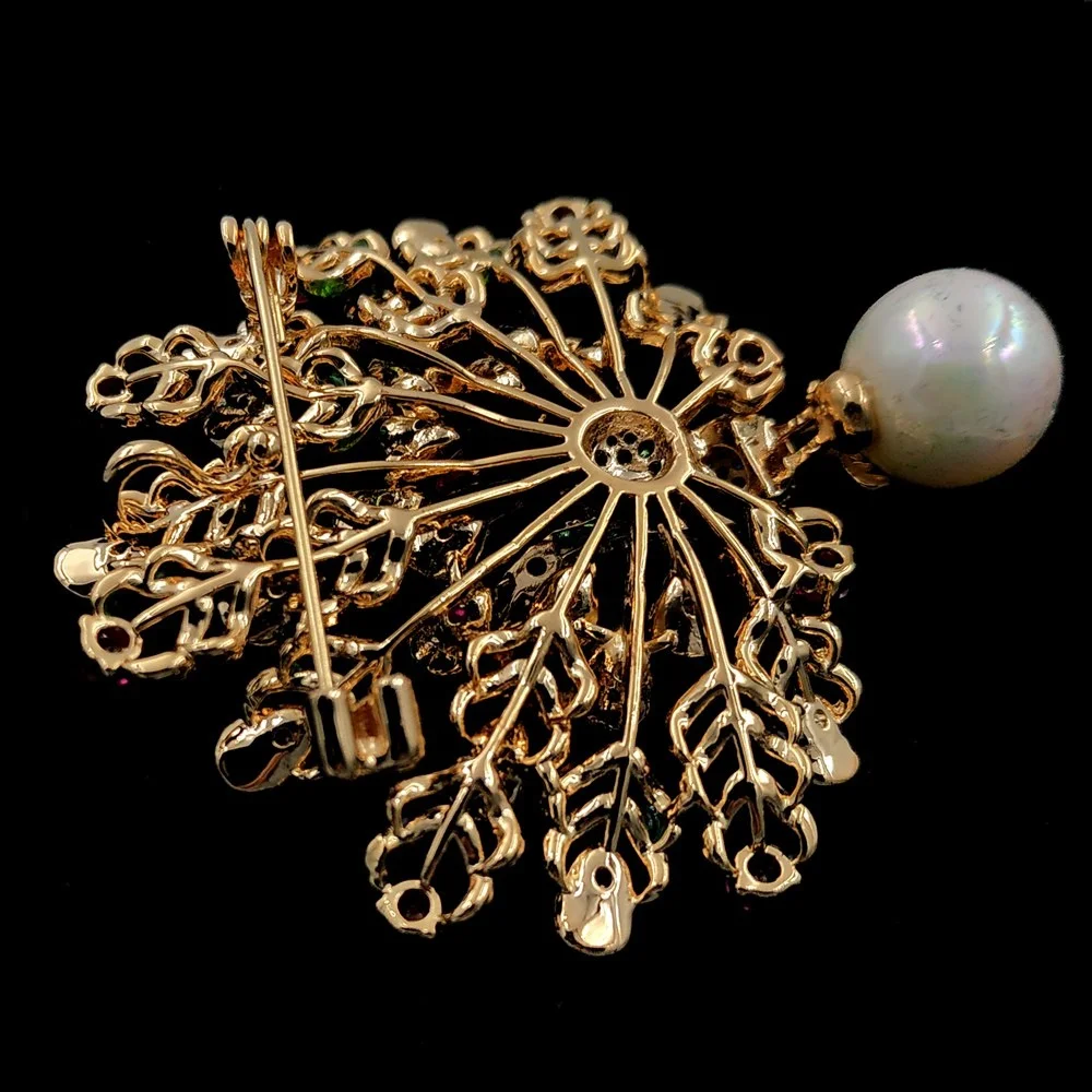 Дивная винтажная разноцветная перьями павлина брошь золотой тон перламутр деко