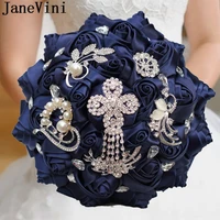 janevini navy blue bride flower bouquet bridal blingbling crystal satin rose wedding bouquet beaded flower for bridesmaids 2019