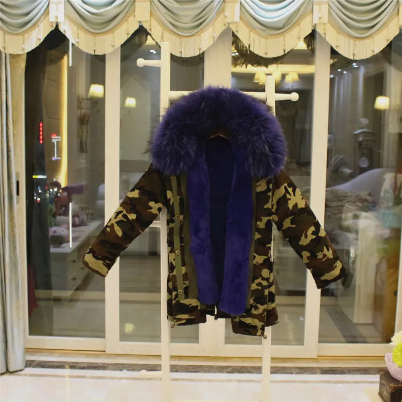 camo blue Г. Зимнее пальто, куртка теплая верхняя одежда для мальчиков, девочек, женщин и мужчин, большой воротник из меха енота, капюшон, подкладка из кроличьего меха, съемный Рождественский подарок - Цвет: camo blue