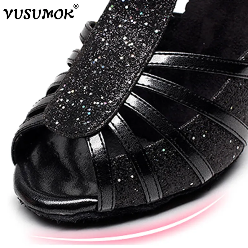 VUSUMOK Women Modern Tango Dance Shoes Girls Latin Velvet Net Dancewear Open Toe Square Lace Heels Plugs size33-43 | Спорт и