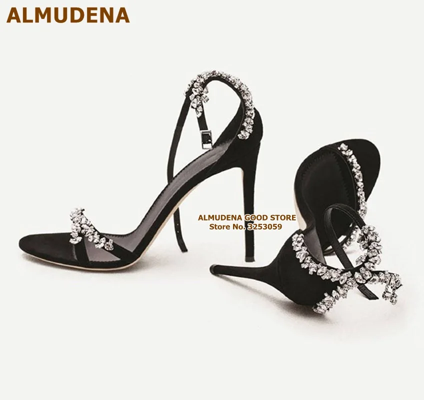 ALMUDENA Bling Bling Crystal High Heel Sandals Black Suede Silver Sparkly Rhinestone Wedding Shoes Buckle Strap Thin Heel Pumps