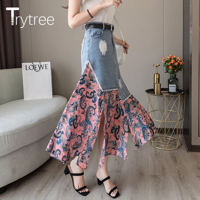 Trytree Summer Women two piece set Casual O-Neck Tops+ Skirt Demin Patchwork Print Hem Belt Pocket Suit Office Lady 2 Piece Set
