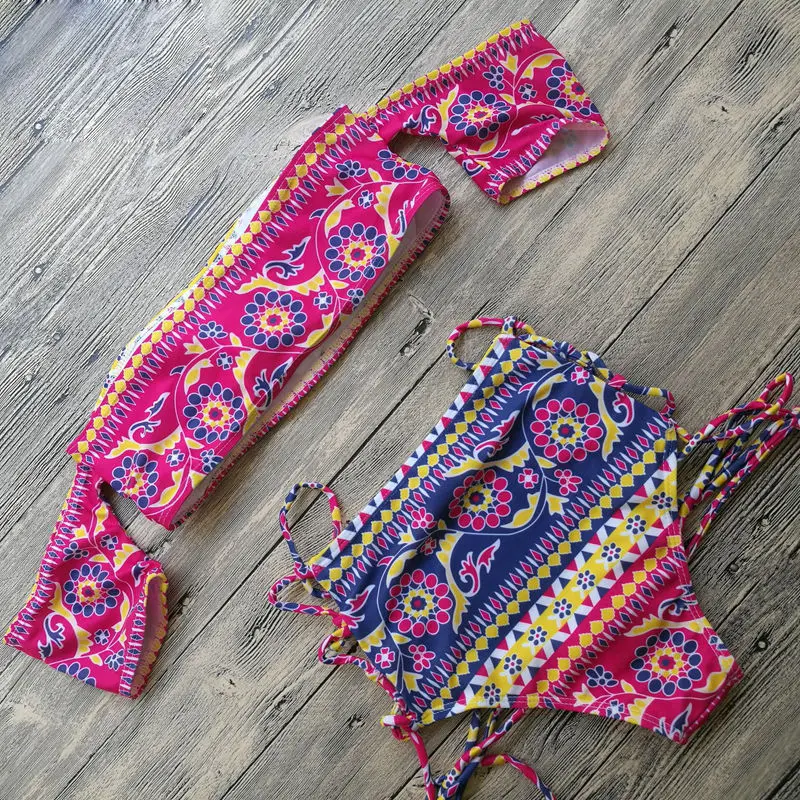 2017 Женский бикини набор винтажная печать бюстгальтер Пуш Ап Треугольник Высокая