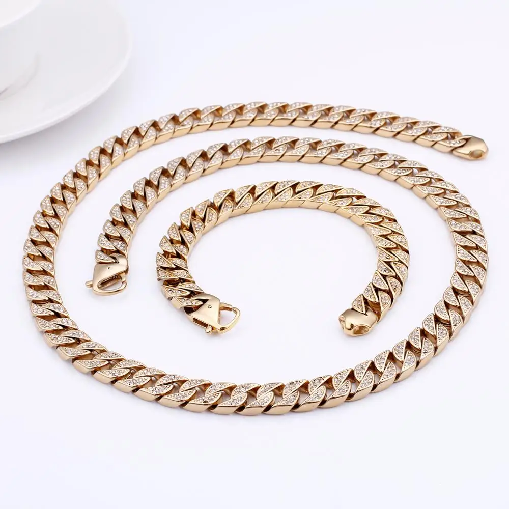 

HaoYi Fashion Zircon Link Chain Stainless Steel Bracelet Necklace For Men Personality Hiphop/Rock Party Metal Male Jewelry Sets