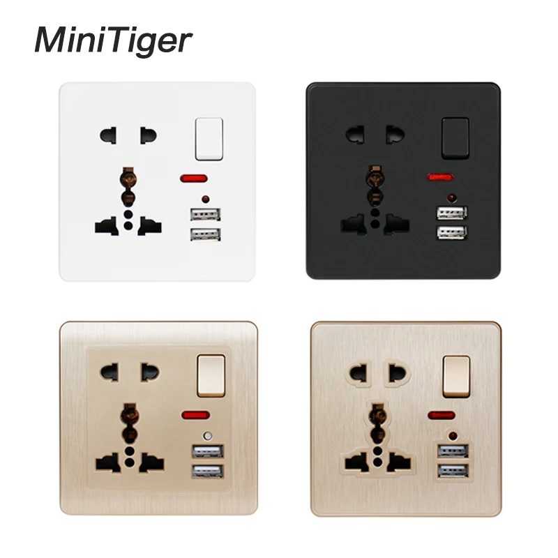 Универсальная Розетка с 5 отверстиями Minitiger 13A 2 1 А белая/черная/Золотая настенная