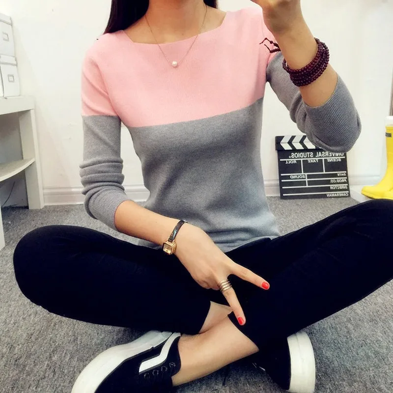 Высокой Упругой Вязаный Свитер Женщин 2016 Весна Осень Сплит Женщины Свитеров И