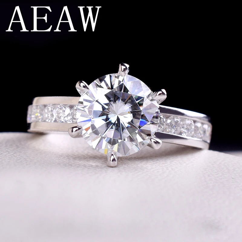 AEAW 2ctw 8mm F Round Cut Engagement&Wedding Moissanite Diamond Ring Double Halo Ring Platinum Plated Silver