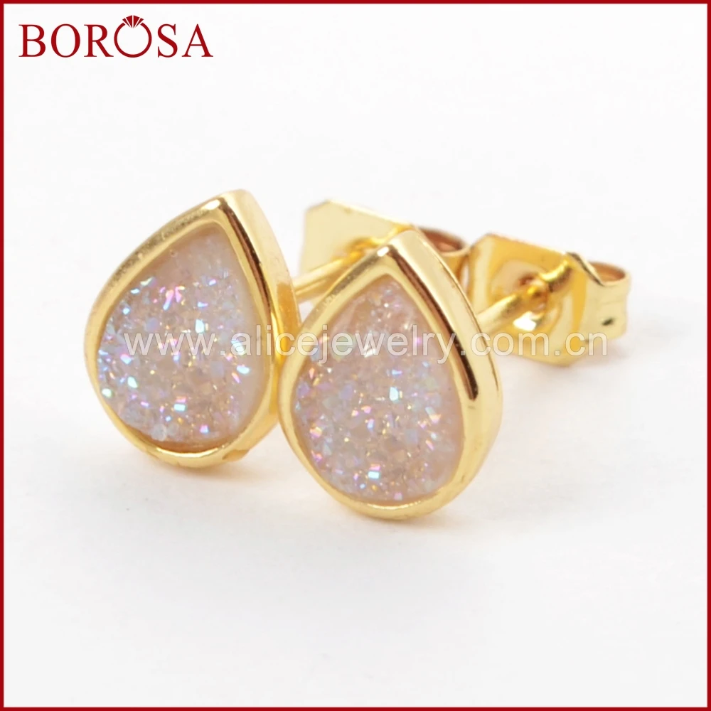

BOROSA 5/10Pairs Teardrop Gold Color Bezel Rainbow Titanium Druzy Stud Earrings Agates Drusy Earrings for Women Jewelry ZG0276