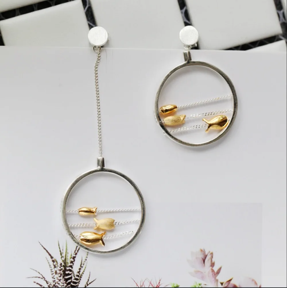 S925 Pure Silver Jewelry Handmade Female Style Sweet Super Fairy Exaggerated Small Fish Ear Pendant Personality Fashion No | Украшения и