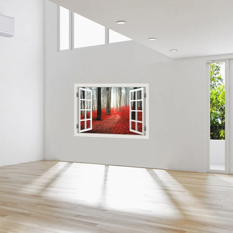 3D поддельные окна красные листья ПВХ наклейки на стену съемные леса Виниловые